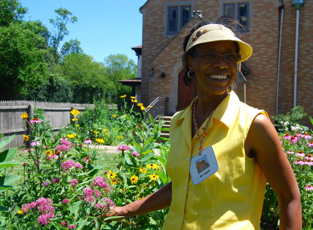Barbara Waller by the native plant garden of First Baptist Church (Waukegan, Illinois)