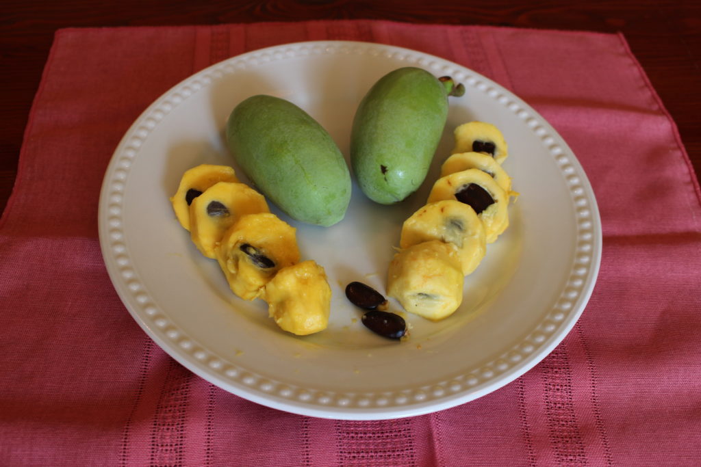 A plate with cross sections of pawpaws on display as well as two uncut pawpaws.