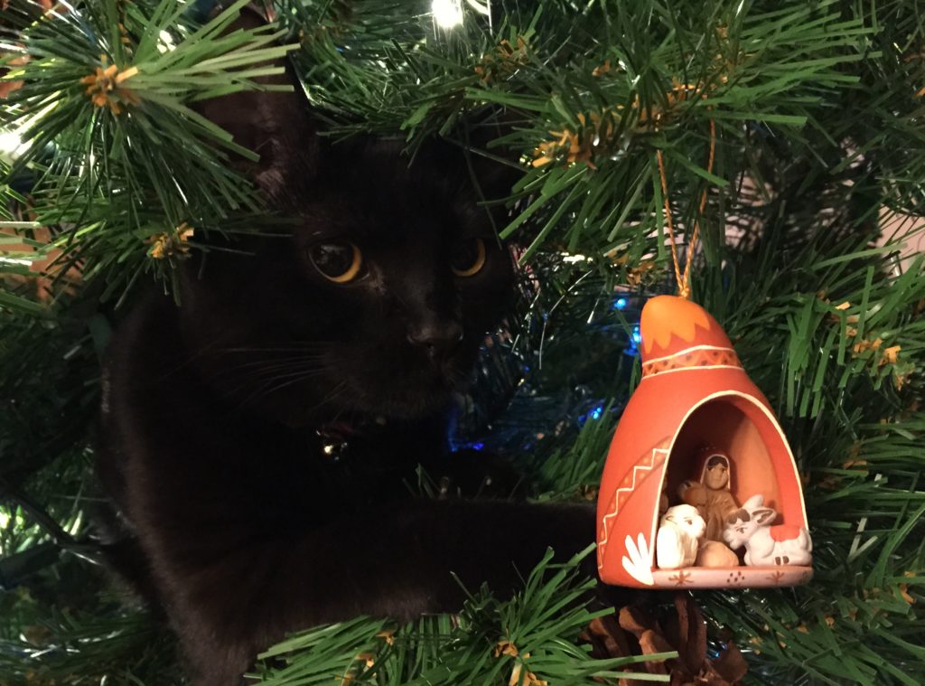 Black cat perched in Christmas tree with nativity scene ornament in the foreground.