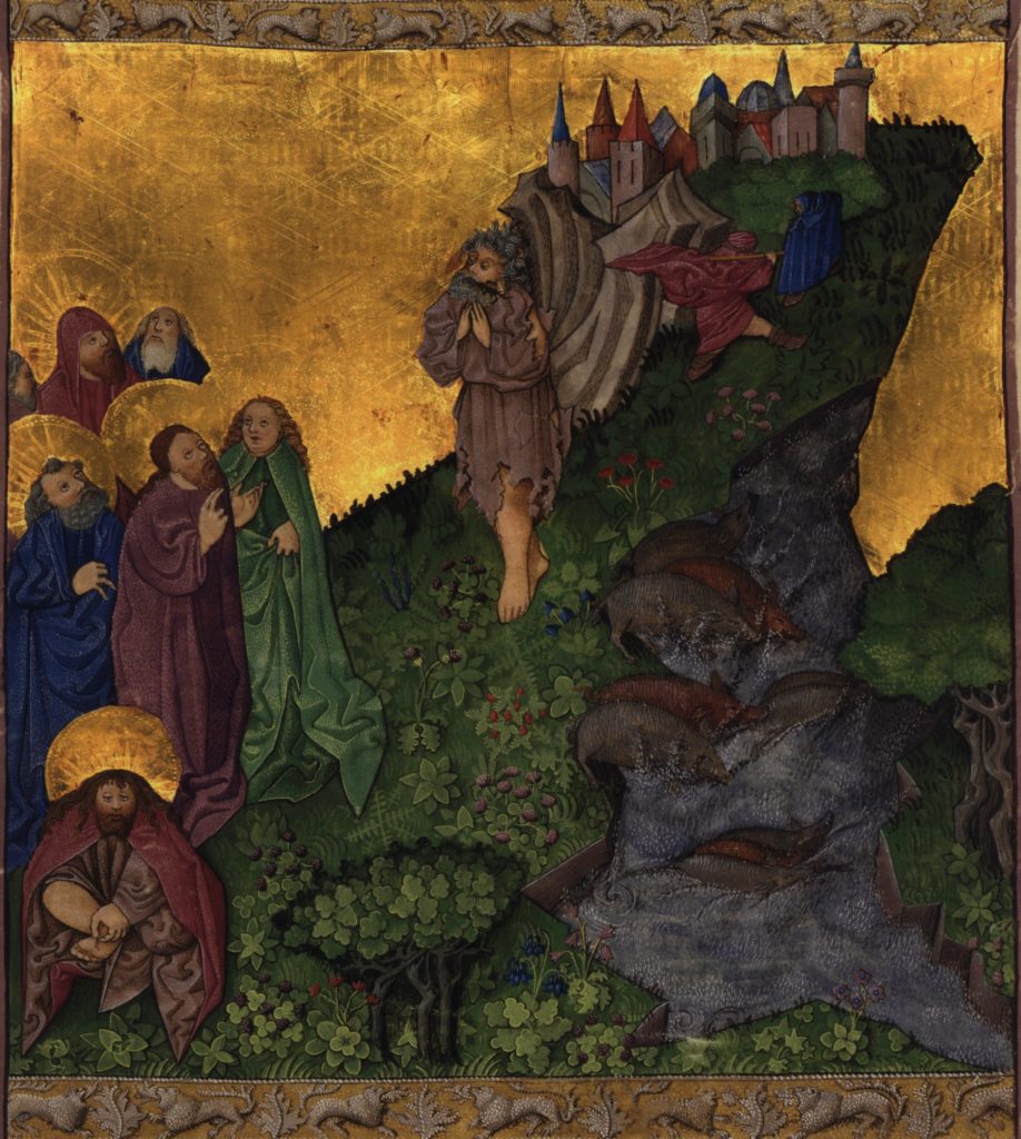 Medieval illumination of Jesus casting out demons and into pigs