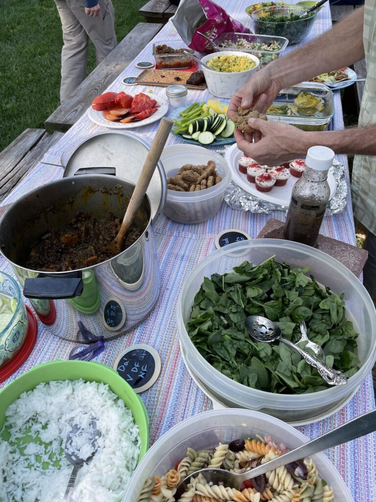 Bowls and pots and other dishes for potluck on a tablecloth.